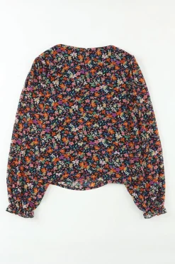 Outlet Dear-Lover V Neck Bubble Sleeve Floral Blouse Black