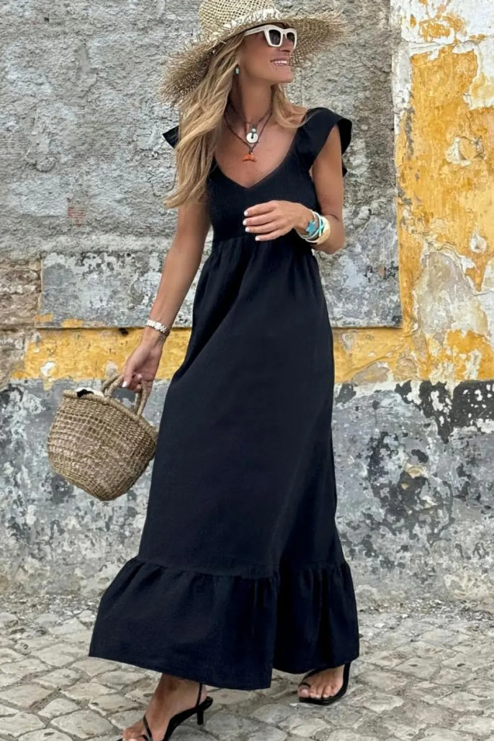 Fashion Dear-Lover V Neck Flutter Sleeve Smocked Bodice High Waist Ruffle Maxi Dress Black