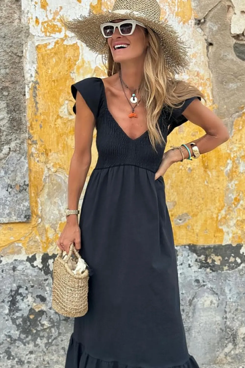 Fashion Dear-Lover V Neck Flutter Sleeve Smocked Bodice High Waist Ruffle Maxi Dress Black