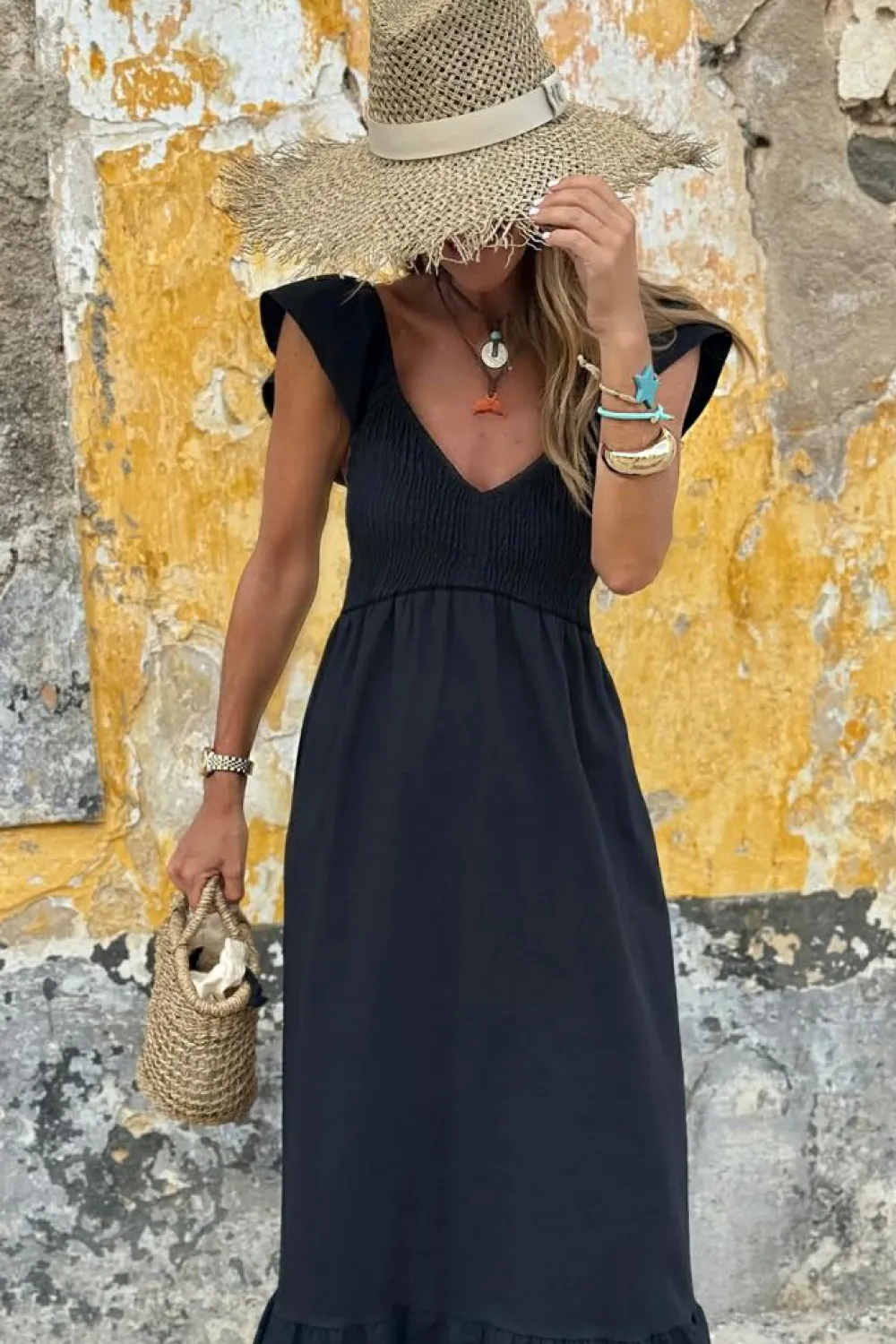 Fashion Dear-Lover V Neck Flutter Sleeve Smocked Bodice High Waist Ruffle Maxi Dress Black