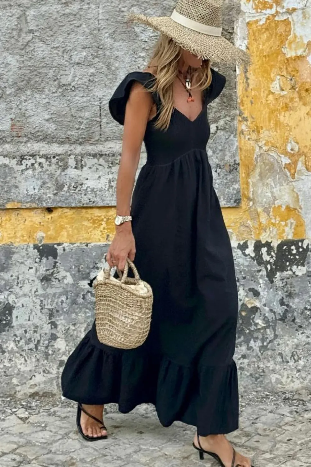 Fashion Dear-Lover V Neck Flutter Sleeve Smocked Bodice High Waist Ruffle Maxi Dress Black