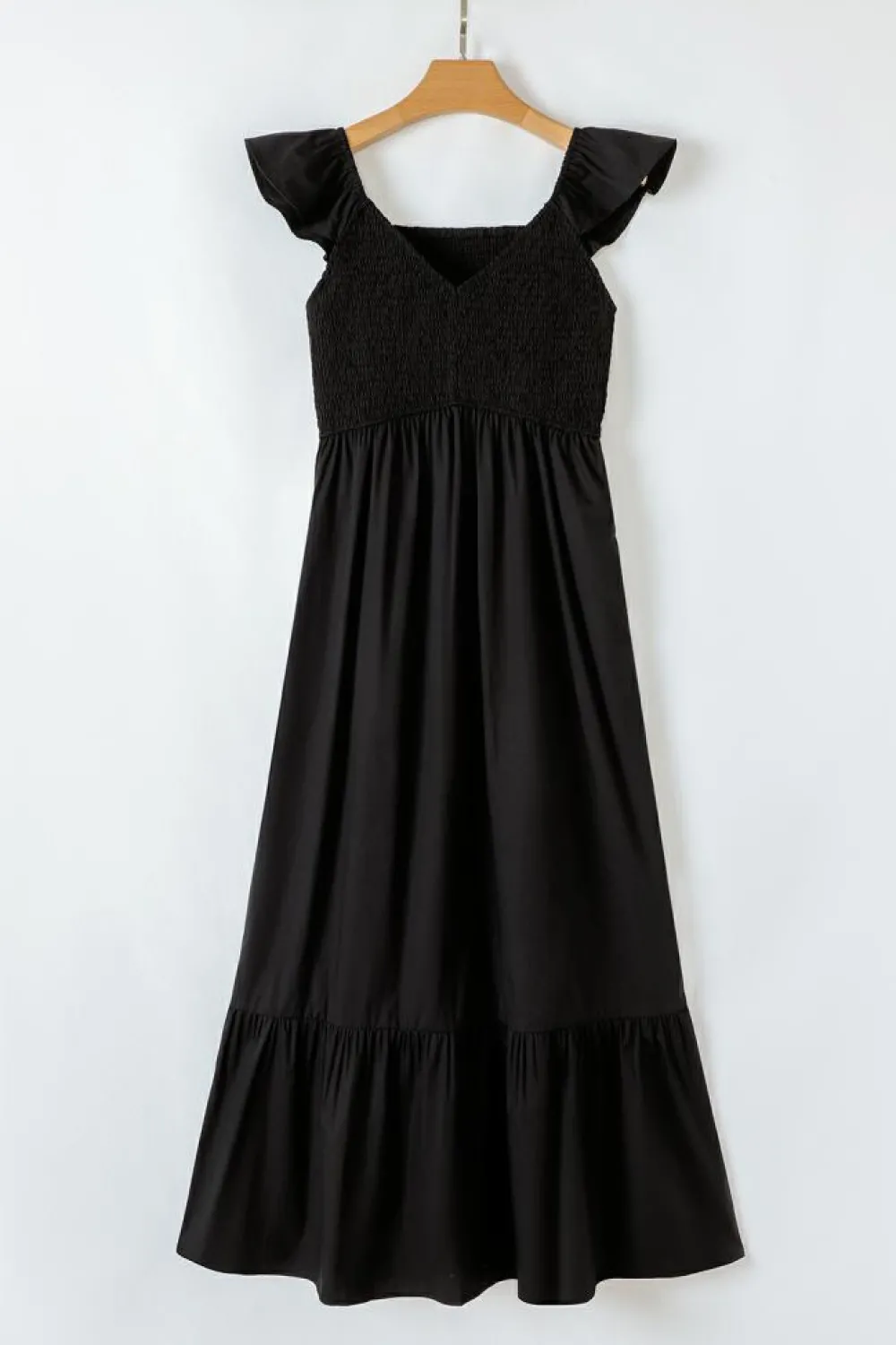 Fashion Dear-Lover V Neck Flutter Sleeve Smocked Bodice High Waist Ruffle Maxi Dress Black