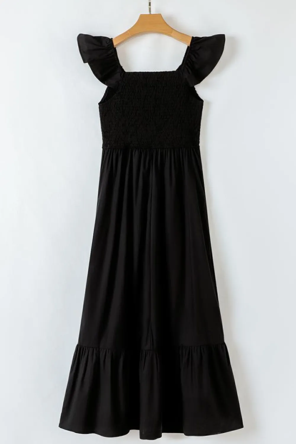 Fashion Dear-Lover V Neck Flutter Sleeve Smocked Bodice High Waist Ruffle Maxi Dress Black