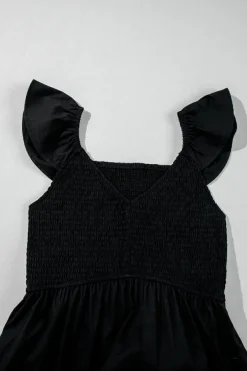 Fashion Dear-Lover V Neck Flutter Sleeve Smocked Bodice High Waist Ruffle Maxi Dress Black