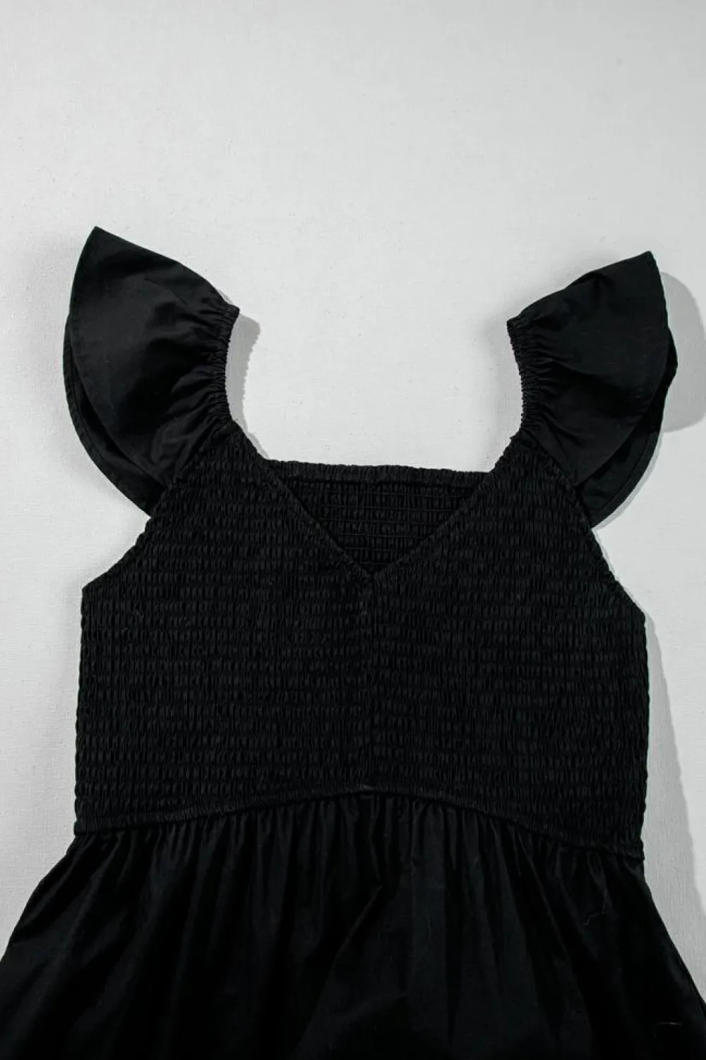 Fashion Dear-Lover V Neck Flutter Sleeve Smocked Bodice High Waist Ruffle Maxi Dress Black