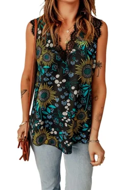 New Dear-Lover V Neck Lace Trim Floral Tank Black