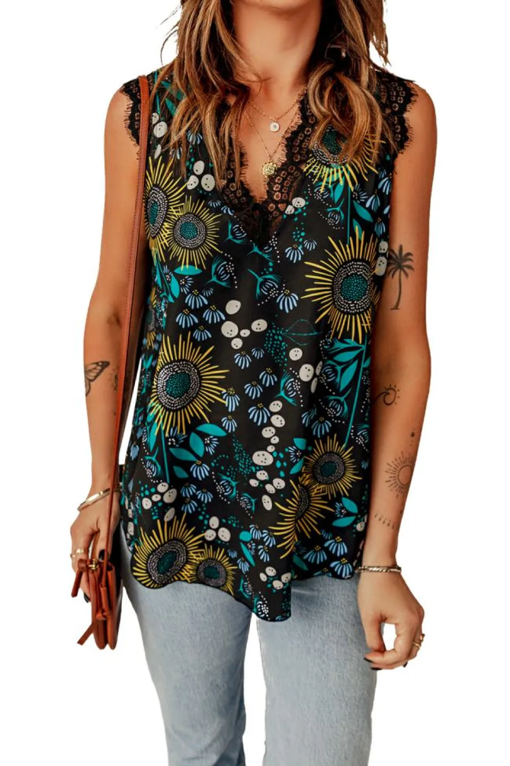 New Dear-Lover V Neck Lace Trim Floral Tank Black