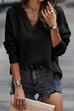 New Dear-Lover V Neck Ribbed Drop Shoulder Hooded Sweater Black