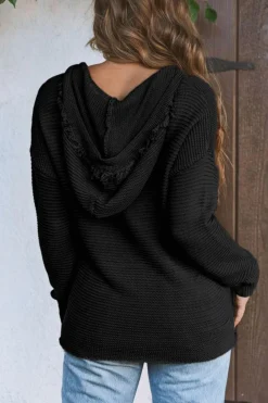 New Dear-Lover V Neck Ribbed Drop Shoulder Hooded Sweater Black