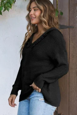 New Dear-Lover V Neck Ribbed Drop Shoulder Hooded Sweater Black