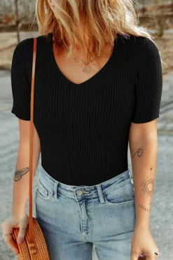Fashion Dear-Lover V Neck Ribbed Knit Lightweight Short Sleeve Sweater Black
