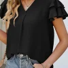 Sale Dear-Lover V Neck Ruffle Short Sleeve Blouse Black
