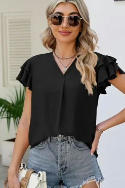 Sale Dear-Lover V Neck Ruffle Short Sleeve Blouse Black