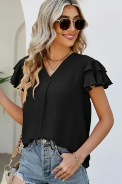 Sale Dear-Lover V Neck Ruffle Short Sleeve Blouse Black