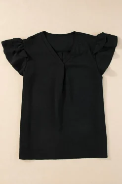 Sale Dear-Lover V Neck Ruffle Short Sleeve Blouse Black