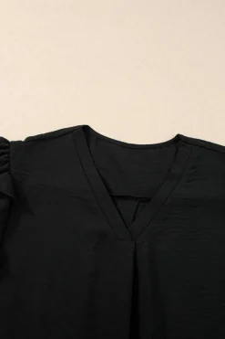 Sale Dear-Lover V Neck Ruffle Short Sleeve Blouse Black