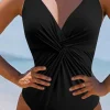 New Dear-Lover V Neck Twist Ruched Crisscross Backless One-Piece Swimsuit Black