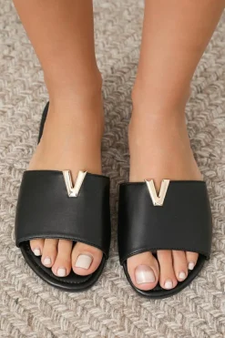 Outlet Dear-Lover V Shape Metal Decor PU Leather Flat Slippers Black