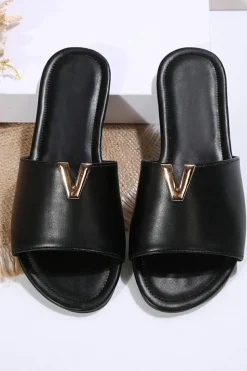 Outlet Dear-Lover V Shape Metal Decor PU Leather Flat Slippers Black