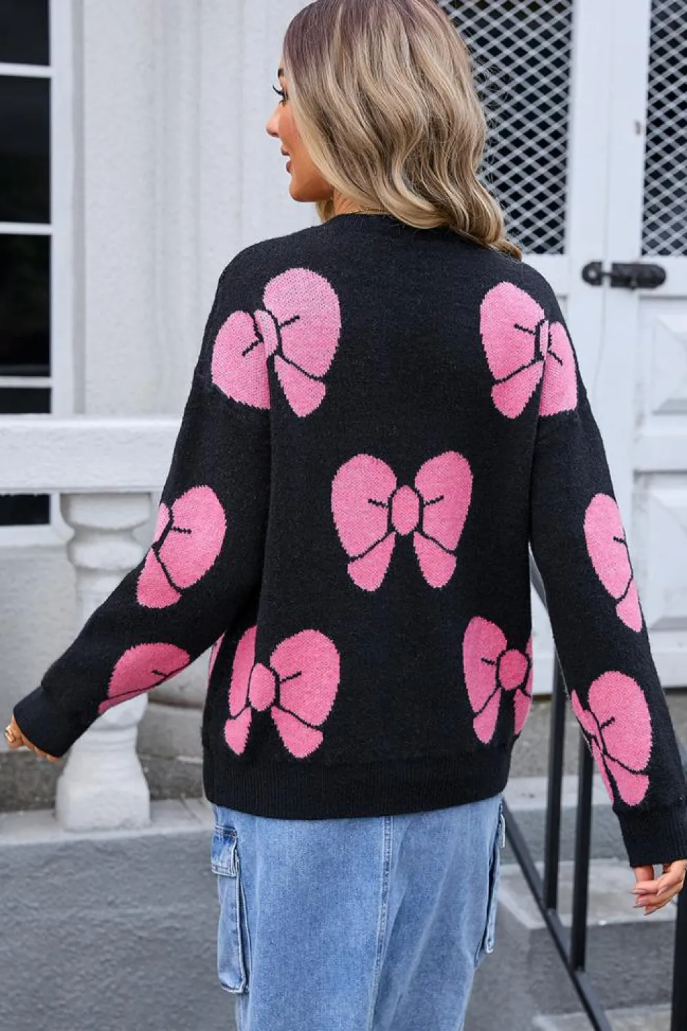 Sale Dear-Lover Valentine Bowknot Knitted Round Neck Fashion Sweater Black