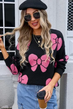 Sale Dear-Lover Valentine Bowknot Knitted Round Neck Fashion Sweater Black