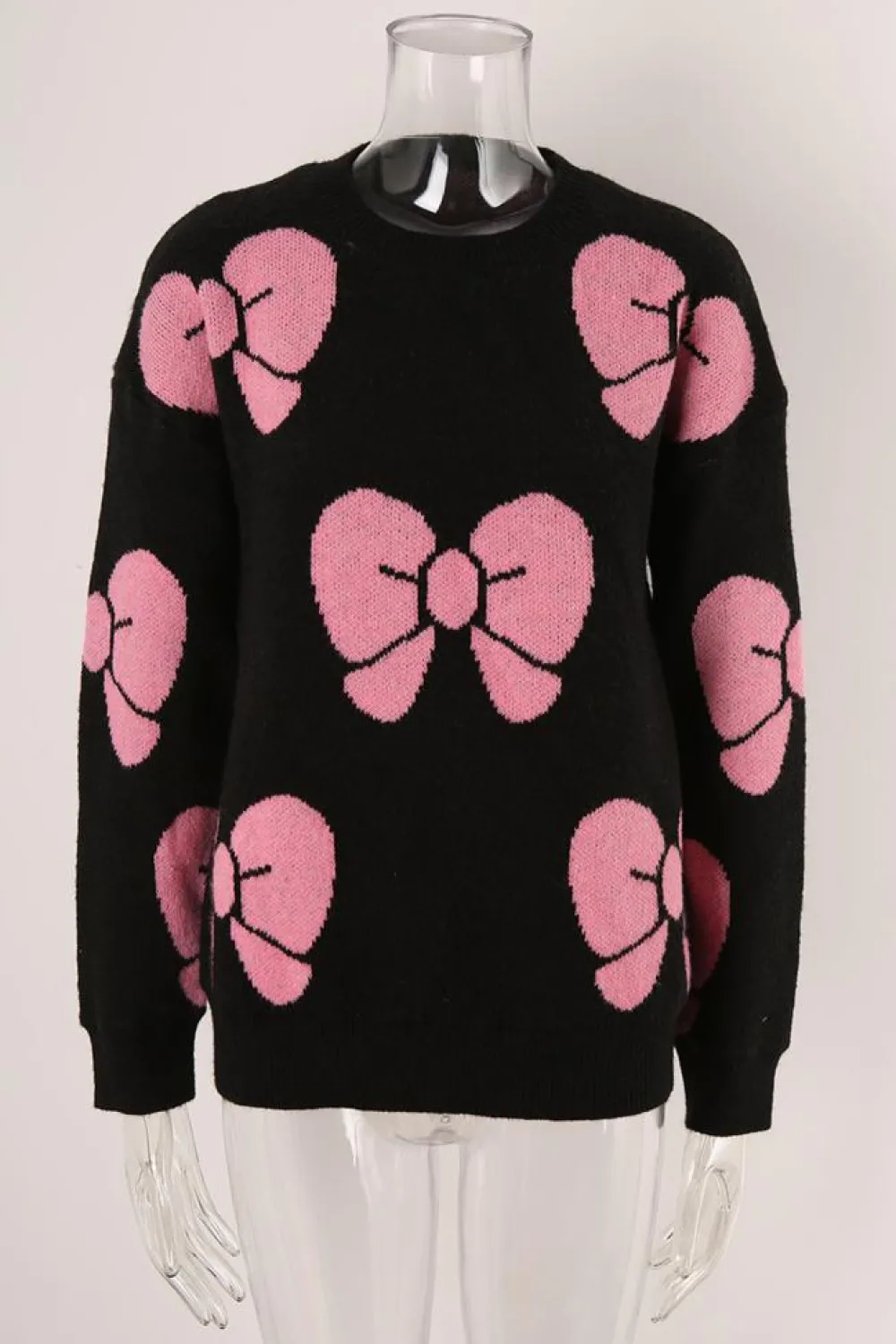 Sale Dear-Lover Valentine Bowknot Knitted Round Neck Fashion Sweater Black