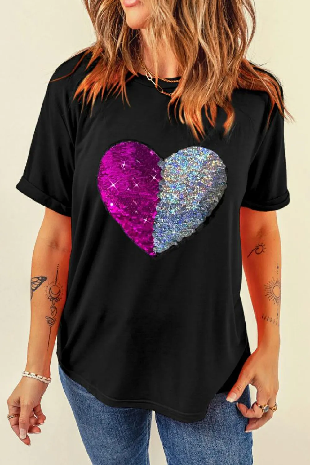 New Dear-Lover Valentine Two Tone Sequined Heart Shaped Graphic T Shirt Black