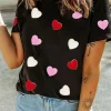 Fashion Dear-Lover Valentines Chenille Heart Patched Pattern Crewneck Tee Black