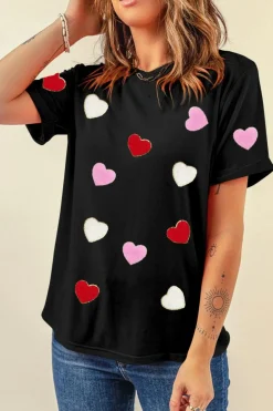 Fashion Dear-Lover Valentines Chenille Heart Patched Pattern Crewneck Tee Black
