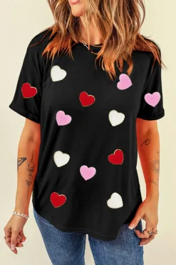 Fashion Dear-Lover Valentines Chenille Heart Patched Pattern Crewneck Tee Black