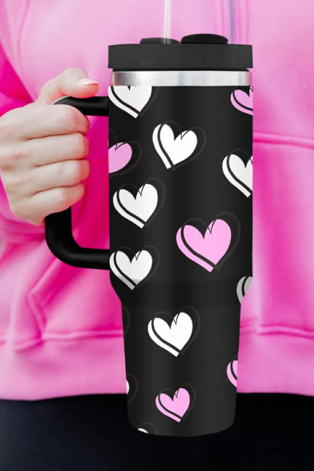 New Dear-Lover Valentines Heart Printed Thermos Cup with Handle 40oz Black