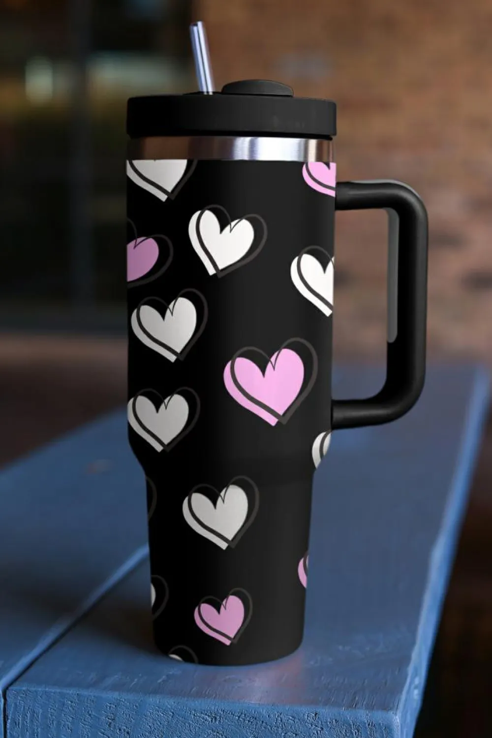 New Dear-Lover Valentines Heart Printed Thermos Cup with Handle 40oz Black