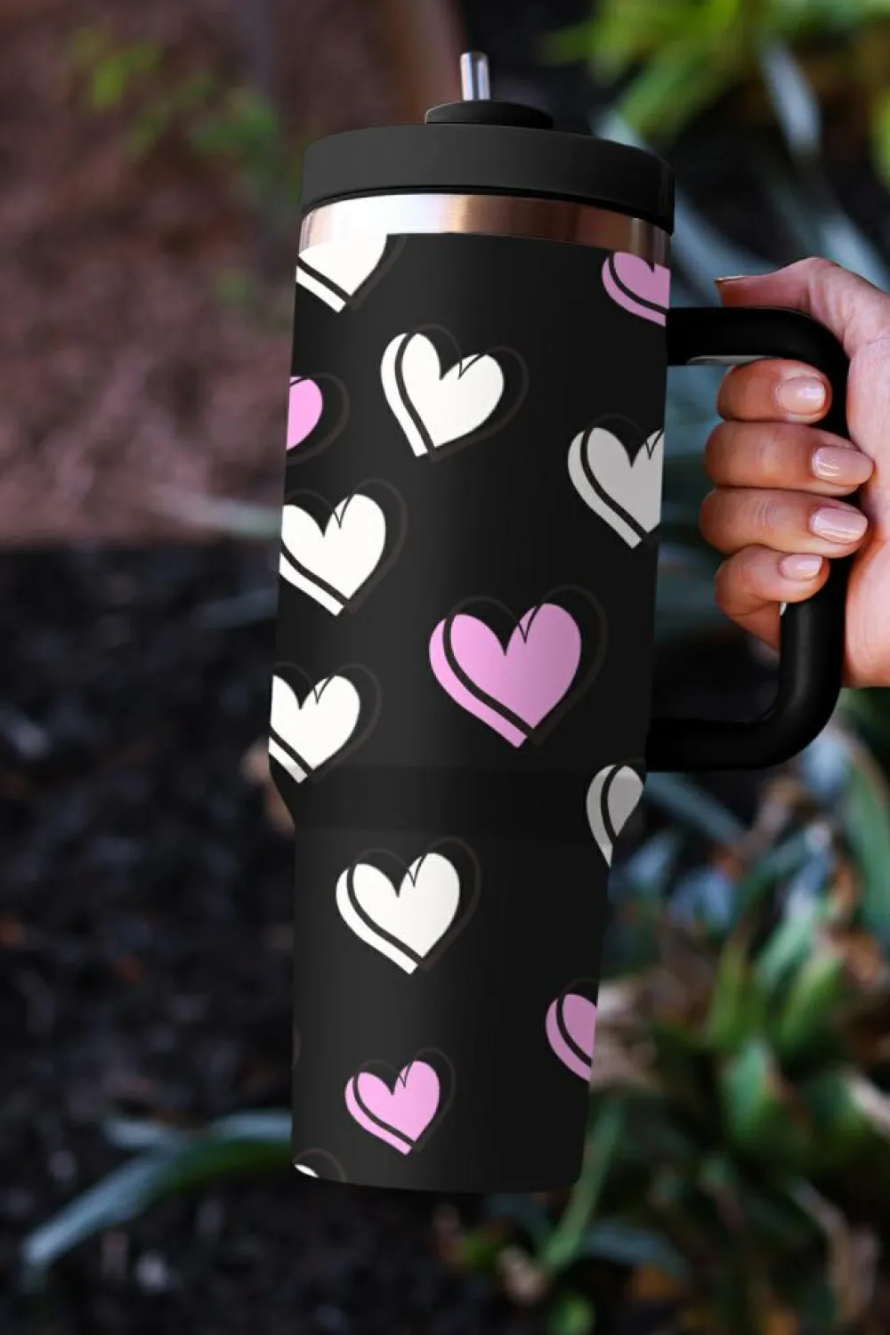 New Dear-Lover Valentines Heart Printed Thermos Cup with Handle 40oz Black