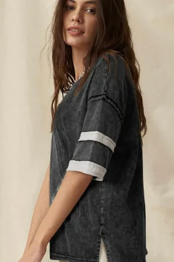 Clearance Dear-Lover Varsity Stripe Half Sleeve Vintage Tee Black
