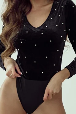 Sale Dear-Lover Velvet Beaded Long Sleeve V Neck Bodysuit Black
