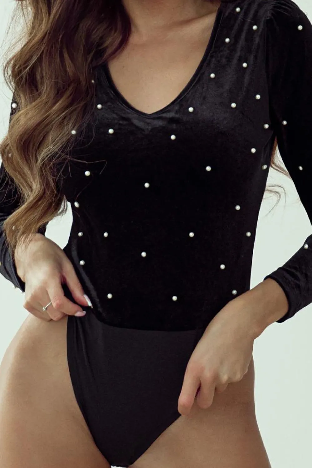 Sale Dear-Lover Velvet Beaded Long Sleeve V Neck Bodysuit Black