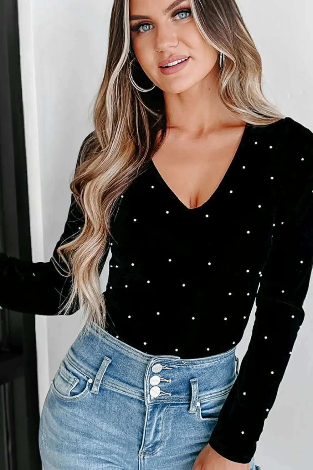Sale Dear-Lover Velvet Beaded Long Sleeve V Neck Bodysuit Black