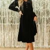 Clearance Dear-Lover Velvet Buttoned Puff Sleeve V Neck Split Midi Dress Black