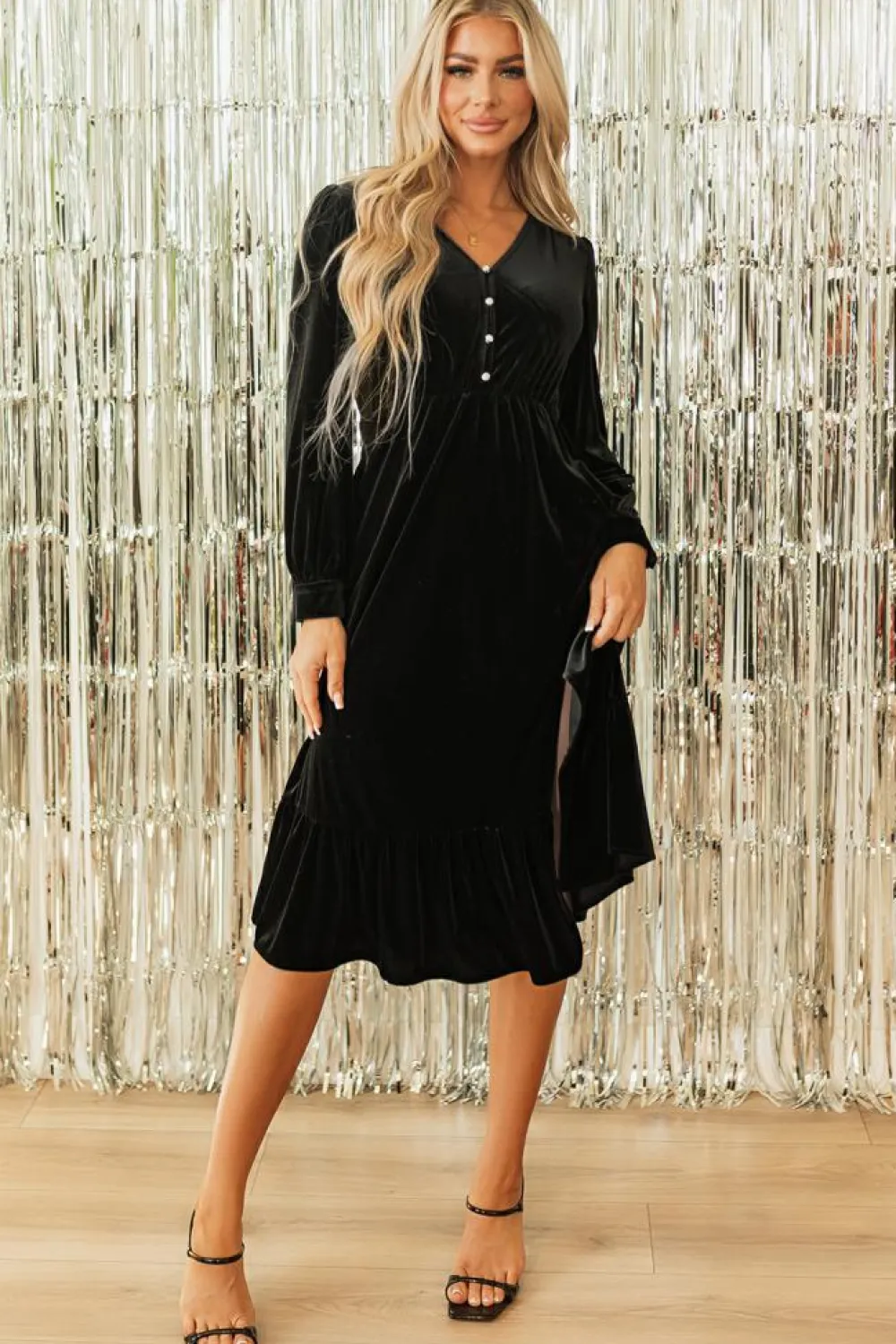 Clearance Dear-Lover Velvet Buttoned Puff Sleeve V Neck Split Midi Dress Black