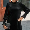 Online Dear-Lover Velvet Frill Neck Long Sleeve Shift Dress Black