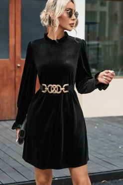 Online Dear-Lover Velvet Frill Neck Long Sleeve Shift Dress Black