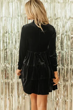 New Dear-Lover Velvet High Neck Tiered Ruffle Mini Dress Black