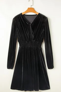 Clearance Dear-Lover Velvet Long Sleeve Surplice High Waist Mini Dress Black