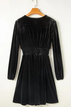 Clearance Dear-Lover Velvet Long Sleeve Surplice High Waist Mini Dress Black