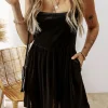 Clearance Dear-Lover Velvet Square Neck Sleeveless High Waist Mini Dress with Pockets Black