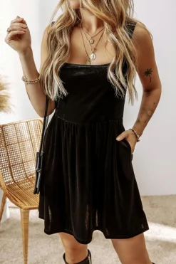 Clearance Dear-Lover Velvet Square Neck Sleeveless High Waist Mini Dress with Pockets Black