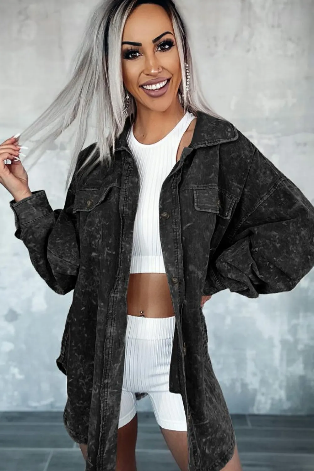 Hot Dear-Lover Vintage Distressed Mineral Wash Oversized Shacket Black