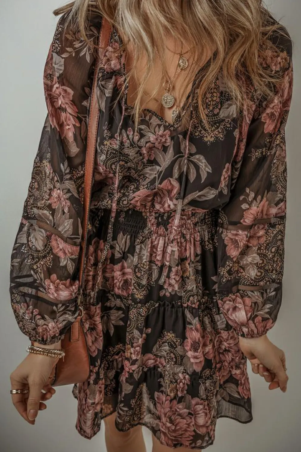 Online Dear-Lover Vintage Floral Puff Sleeve V Neck Smock Waist Dress Black