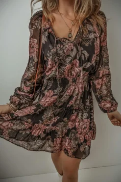 Online Dear-Lover Vintage Floral Puff Sleeve V Neck Smock Waist Dress Black