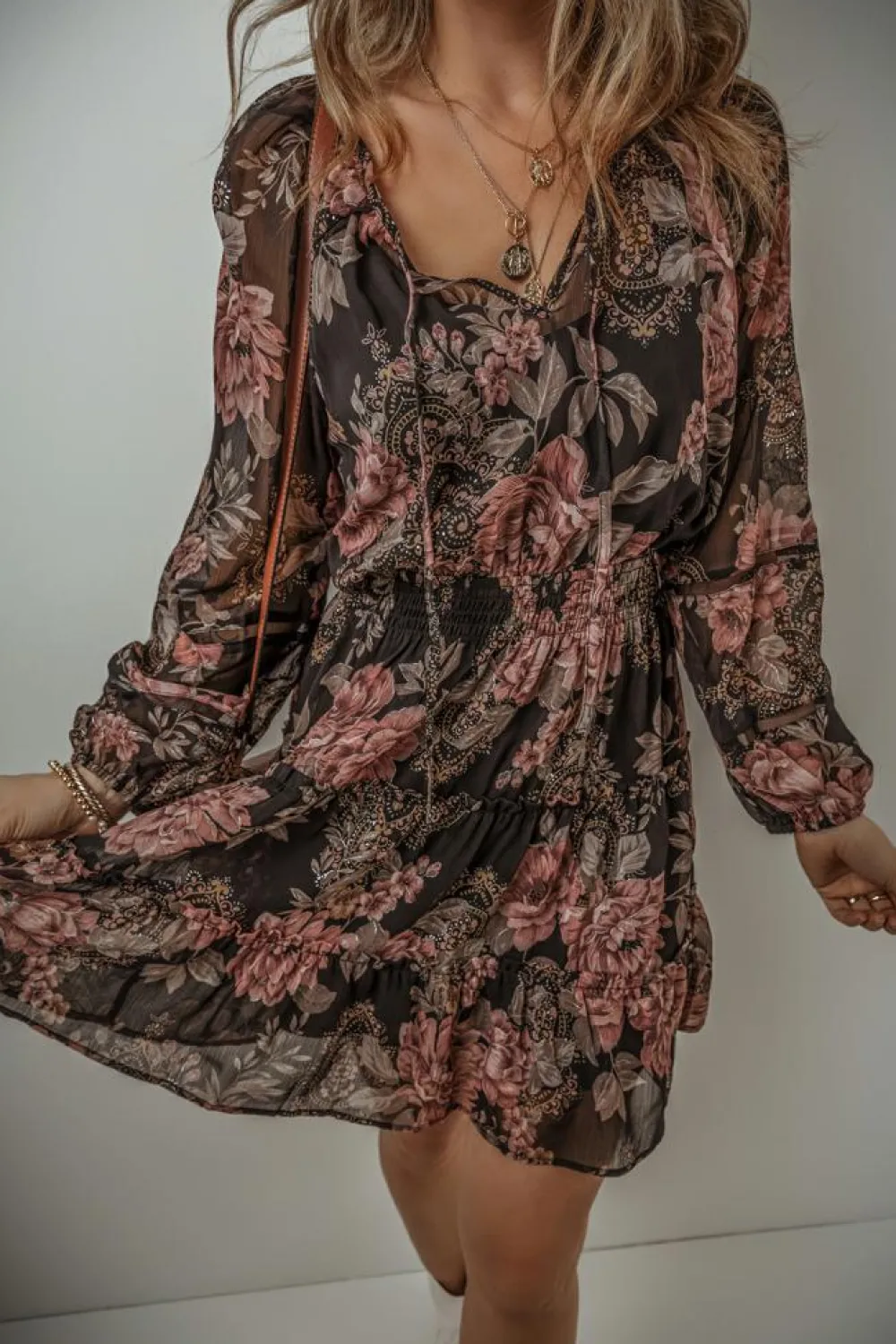 Online Dear-Lover Vintage Floral Puff Sleeve V Neck Smock Waist Dress Black